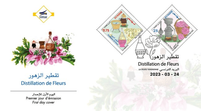 Emission de deux timbres-post sur le thème » la distillation de fleurs ».
